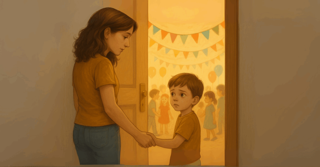 Mother gently supporting her child facing fear at the door of a children’s party, symbolizing emotional support and co-regulation