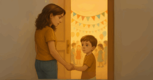 Mother gently supporting her child facing fear at the door of a children’s party, symbolizing emotional support and co-regulation