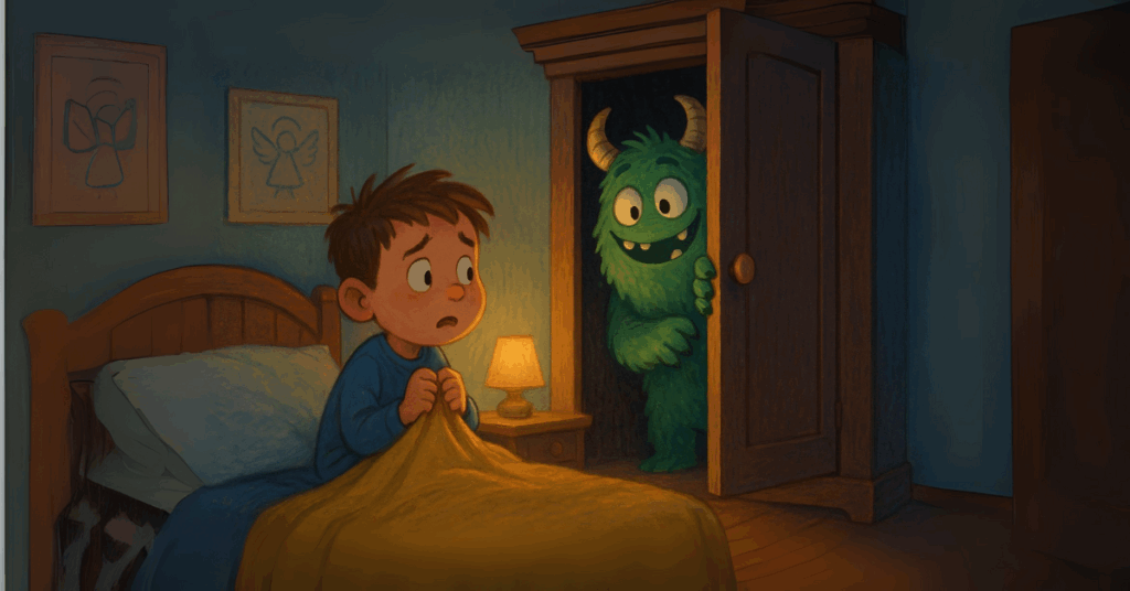 Funny illustration of childhood fears: a boy in pijamas faces a friendly monster peeking from the closet.