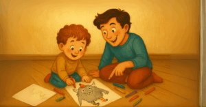 Parent and child drawing together to overcome childhood fears - playful strategy for dealing with monsters