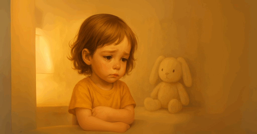 Helping children express fear - Child sitting alone and sad in a softly lit room.