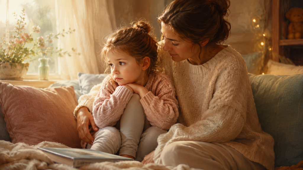 A child sitting quietly beside a caring adult in a warm home setting, representing conversations about children’s emotions and emotional intelligence.