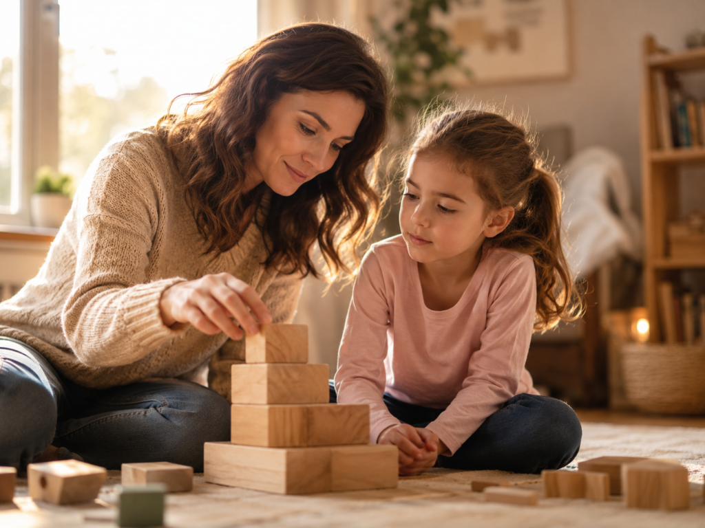 A mother and child building wooden blocks together, representing how emotional intelligence is built in stages through connection and presence.