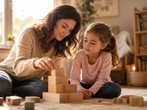 A mother and child building wooden blocks together, representing how emotional intelligence is built in stages through connection and presence.